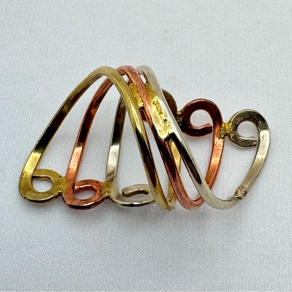Vintage Mexico Tri Tone Silver Gold Rose Gold Overlay Swirl Statement Ring